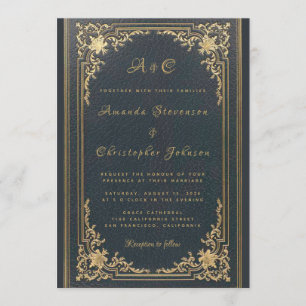 Invitation Élégant Monogramme Vintage Or sur Fond Bleu Marine