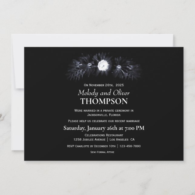Invitation Élégant Moody Black Floral Post Mariage (Devant)