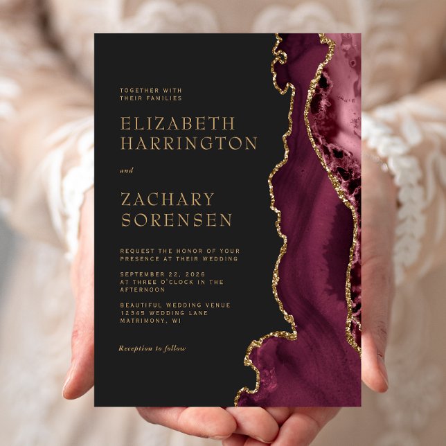 Invitation Élégant Moody Bourgogne Agate Gold Mariage (Créateur téléchargé)