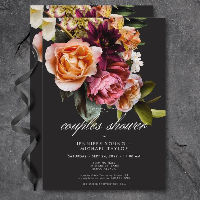 Invitation Elégant Moody Bourgogne rose Couples Floral Douche (Elegant Moody Burgundy Pink Floral Couples Shower Invitation)