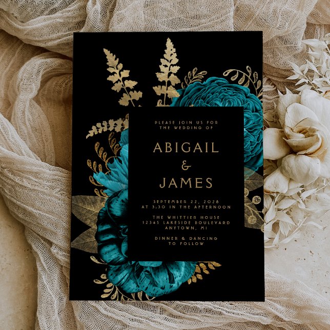 Invitation Élégant Moody Dark Floral Turquoise Gold Mariage (The perfect choice for a romantic turquoise and gold themed wedding.)
