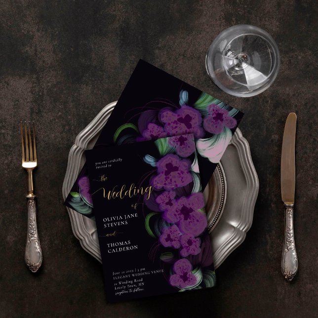 Invitation Élégant Moody Dark Purple Orchids Bouquet Mariage (Créateur téléchargé)