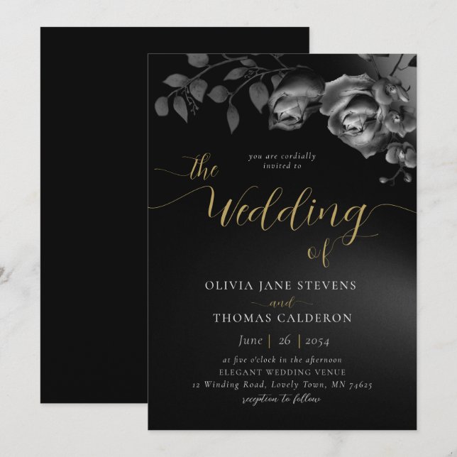 Invitation Élégant Moody moderne noir blanc Mariage floral (Devant / Derrière)
