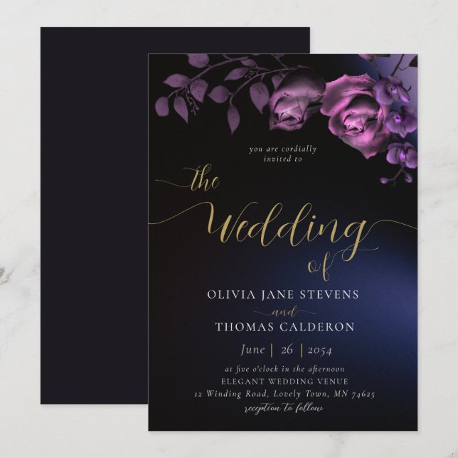 Invitation Élégant Moody moderne noir violet Mariage Floral (Devant / Derrière)