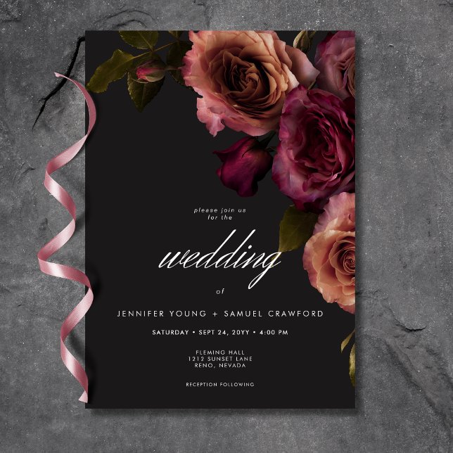 Invitation Elégant Moody Muted Rust & Burgundy Floral Mariage (Elegant Moody Muted Rust & Burgundy Floral Wedding Invitation)