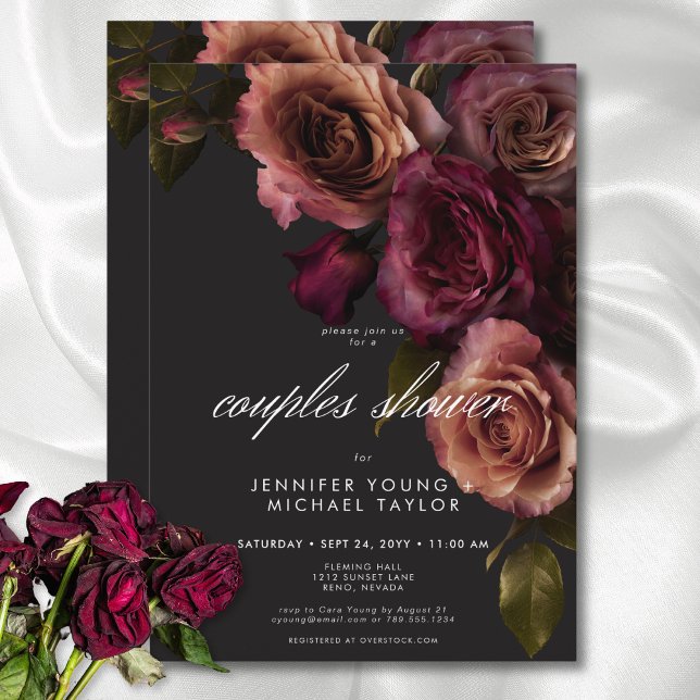 Invitation Elégant Moody Rust & Bourgogne Floral Couple Douch (Elegant Moody Rust & Burgundy Floral Couples Shower Invitation)