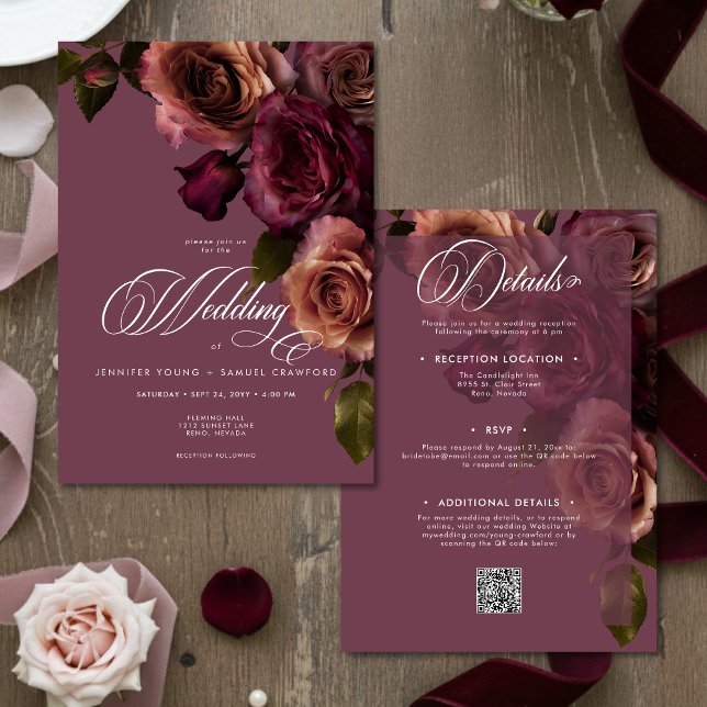 Invitation Elegant Moody Rust Burgundy Floral QR Code Wedding (Créateur téléchargé)