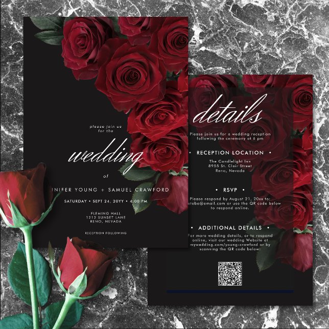 Invitation Élégant Moody Sang Roses Rouge Floral Deux Côtés (Créateur téléchargé)