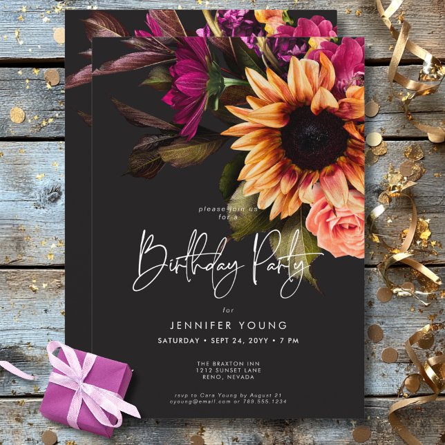Invitation Élégant Moody Vibrant coucher de soleil Floral Ann (Elegant Moody Vibrant Sunset Floral Birthday Invitation)