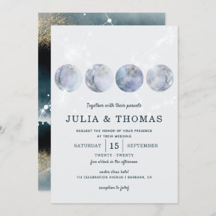 Invitation Élégant Moon Blue Gold Stars Mariage