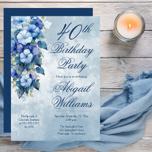 Invitation Elégant Morning Glories Blue Floral 40e anniversai