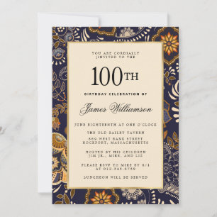 Invitation Elégant Motif bleu et or 100e anniversaire