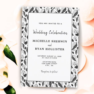 Invitation Élégant motif botanique de feuilles noir et blanc 