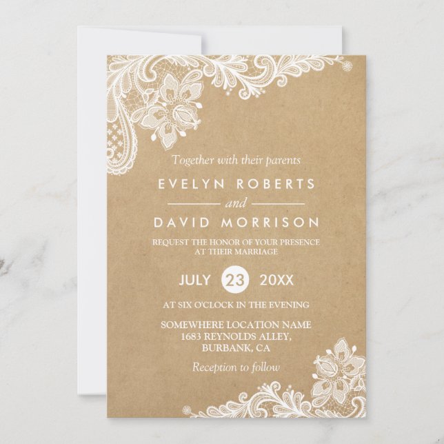 Invitation Élégant Motif de dentelle florale Kraft | Mariage  (Devant)