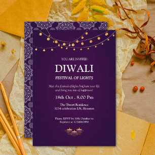 Invitation Élégant Motif Mandala Diyas Purple Diwali Party