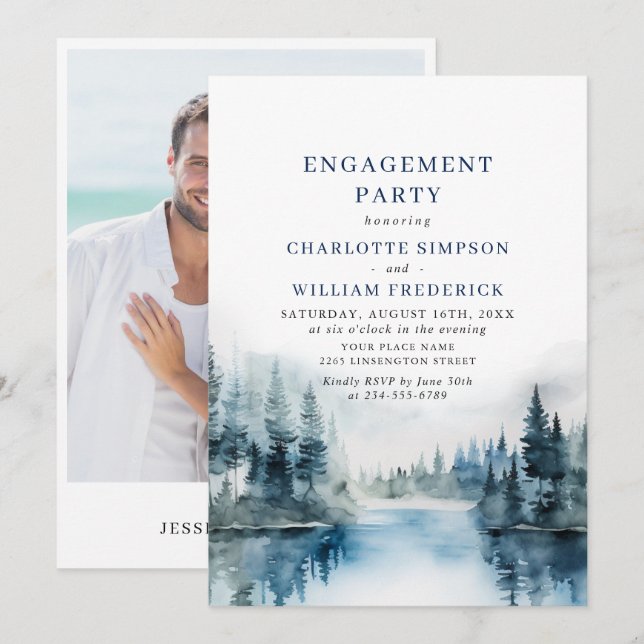 Invitation Elegant Mountain Forest Engagement Party Photo (Devant / Derrière)