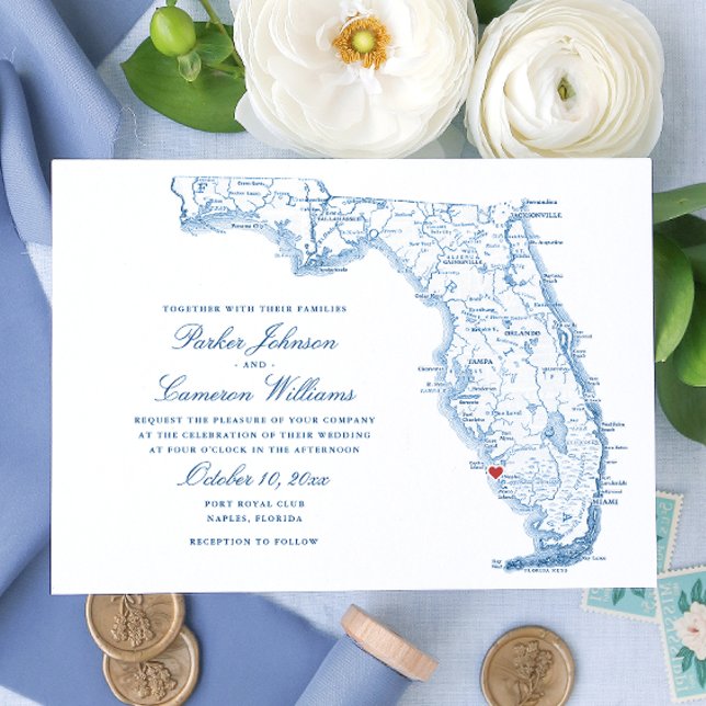 Invitation Élégant Naples Florida Map Mariage (Elegant navy blue Florida Map Wedding Invitations with heart over Naples by Coastal Map Designs.png)