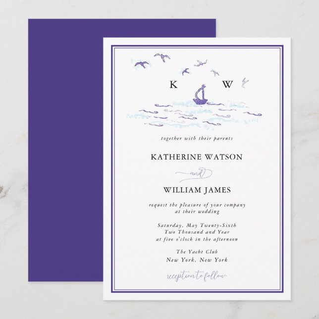 Invitation Elégant Nautical Ocean Sailboat Enk Imprimer Maria (Devant / Derrière)