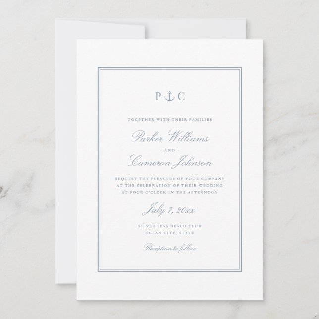 Invitation Elégant Nautique Dusty Blue Ancre Mariage (Devant)