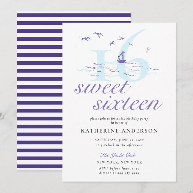Invitation Elégant Nautique Stripes Bateau Ocean Sweet 16 (Devant / Derrière)