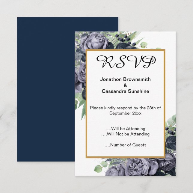 INVITATION ÉLÉGANT NAVY  BLEU OR EUCALYPTUS ROSE  RSVP (Devant / Derrière)