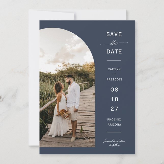 Invitation Elegant Navy Blue Arch Photo QR Code Enregistrer l (Devant)