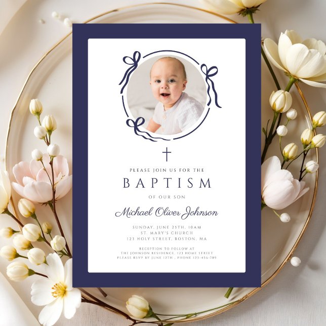 Invitation Elegant Navy Blue Bow Photo Baptism (Elegant Navy Blue Bow Photo Baptism Invitation)
