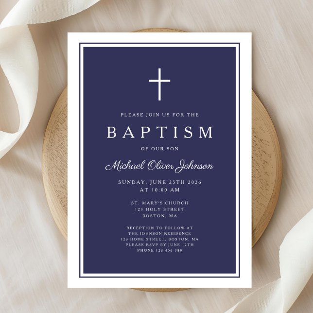 Invitation Elegant Navy Blue Cross Baby Boy Baptism (Elegant Navy Blue Cross Baby Boy Baptism Invitation)