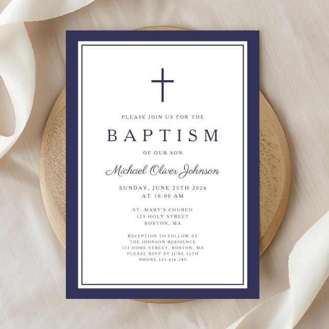 Invitation Elegant Navy Blue Cross Boy Baptism (Elegant Navy Blue Cross Boy Baptism Invitation)