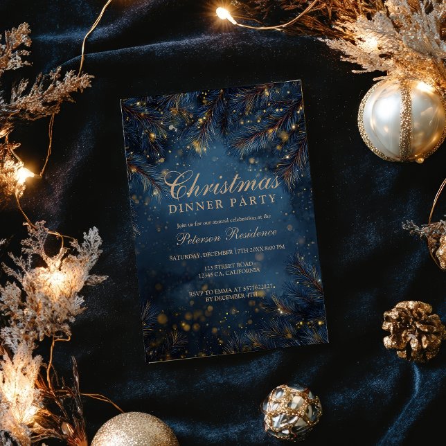 Invitation Elegant Navy Blue Gold Lights Pine Party Christmas (Elegant Navy Blue Gold Lights Pine Party Christmas Invitation)