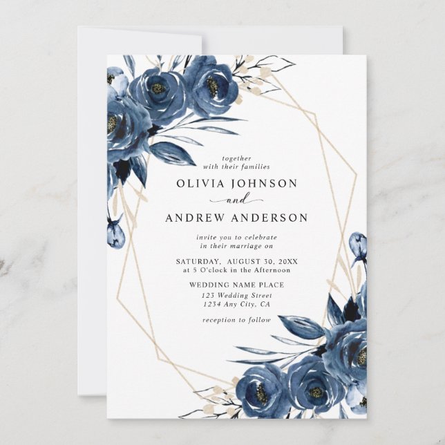 Invitation Elegant Navy Blue Silver Geometric Floral Wedding (Devant)