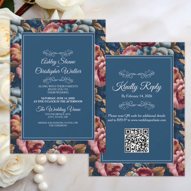 Invitation Elegant Navy Floral Teal RSVP QR code Wedding (Teal peach floral velvet wedding invitation/rsvp combo with QR code)