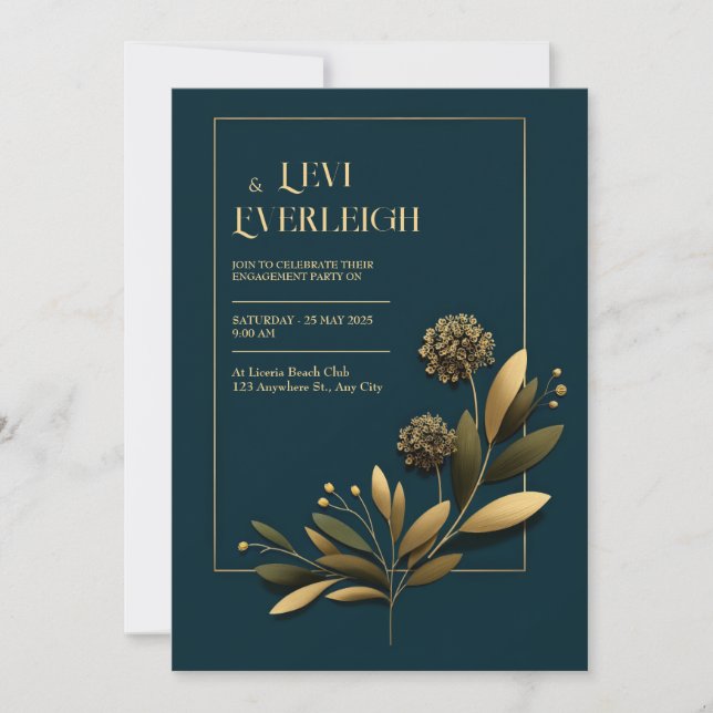 Invitation Elegant Navy Gold Botanical Wedding (Devant)