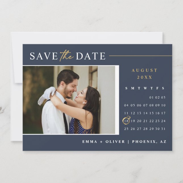 Invitation Elegant Navy Gold Enregistrer la date Calendrier C (Devant)