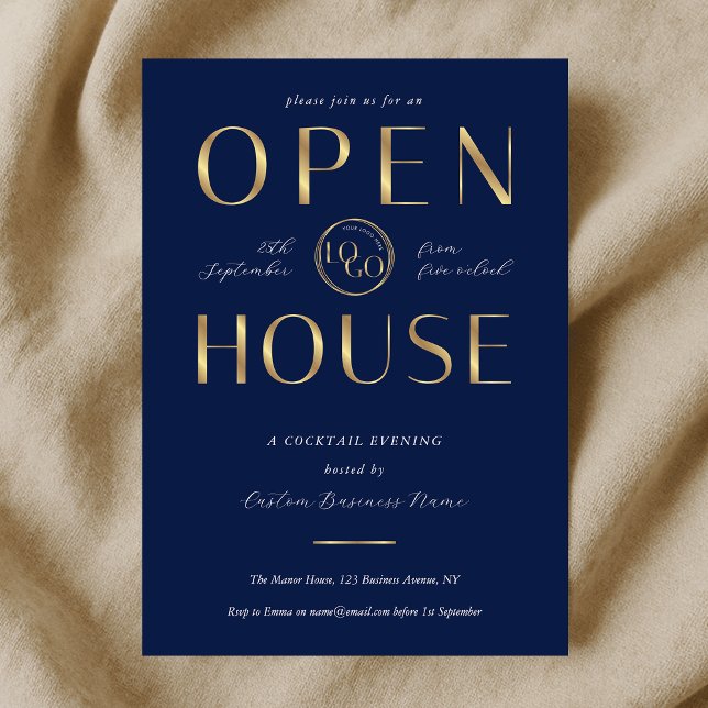 Invitation Elegant Navy & Gold Logo Business Open House (Créateur téléchargé)