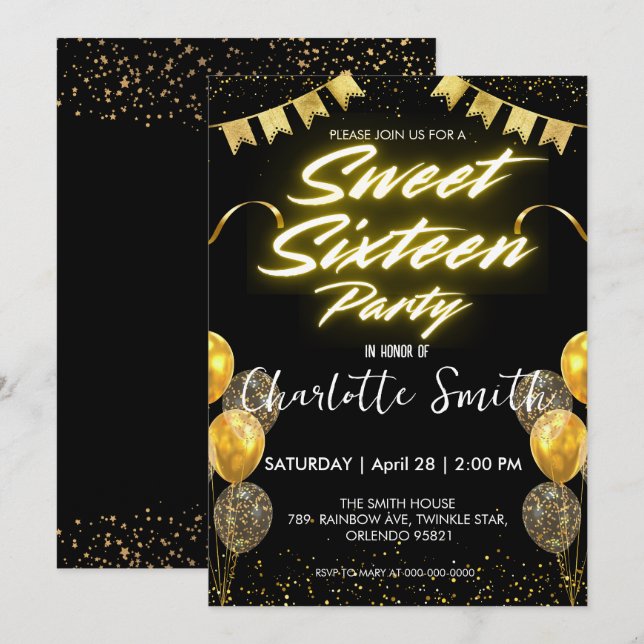 Invitation Elégant néon Gold Balloo rétro Sweet 16e anniversa (Devant / Derrière)
