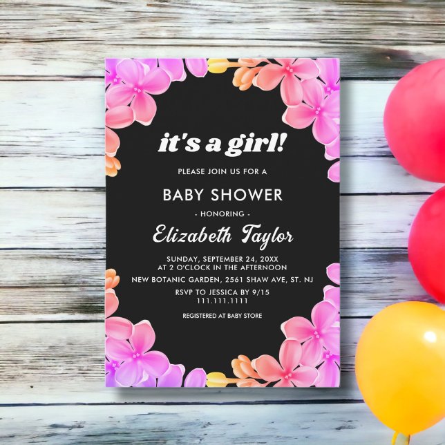 Invitation Elégant Neon Lights Rose Floral Girl Baby shower (Créateur téléchargé)