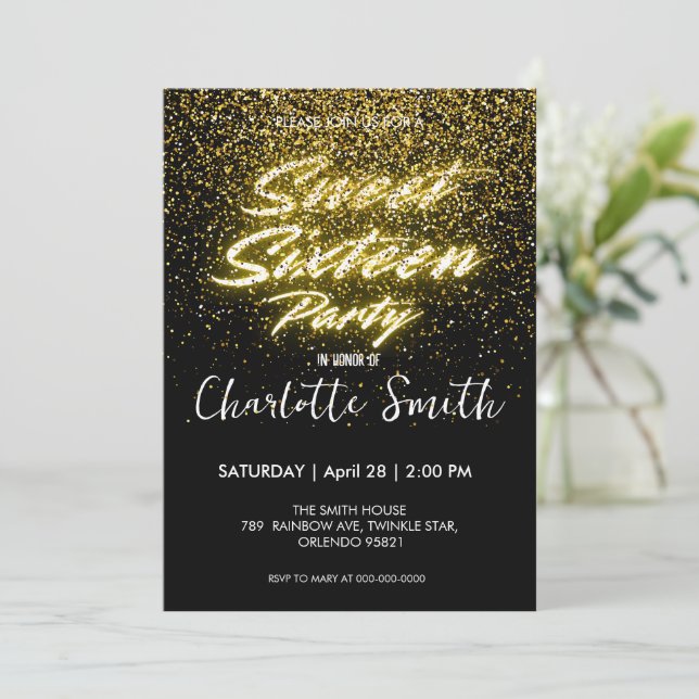 Invitation Elégant néon or noir rétro Sweet 16e anniversaire (Debout devant)