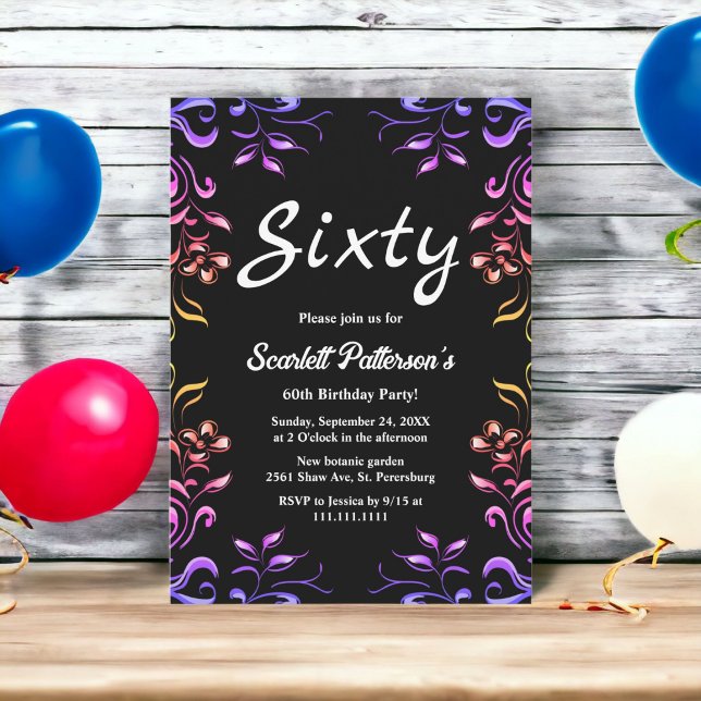 Invitation Elégant Neon Rose Black Floral 60e anniversaire (Créateur téléchargé)