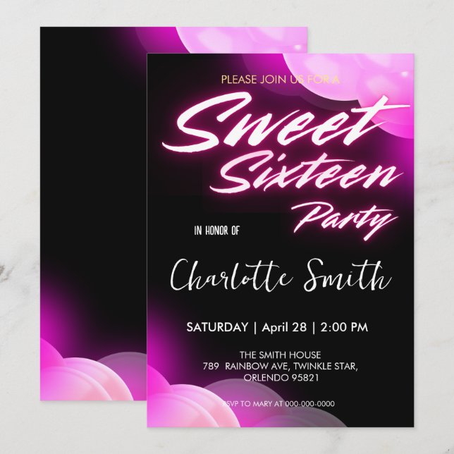 Invitation Elégant néon rose rétro noir Sweet 16e anniversair (Devant / Derrière)