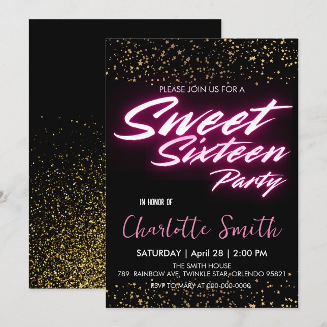 Invitation Elégant néon rose rétro Or Sweet 16e anniversaire (Devant / Derrière)