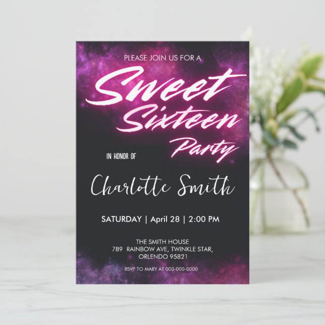 Invitation Élégant néon rose Retro Sweet 16e anniversaire gir (Debout devant)