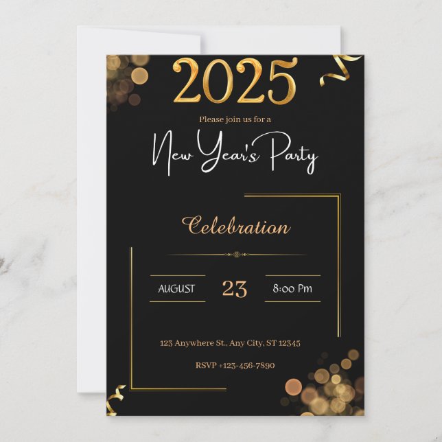 Invitation Elegant New Year's Eve Black Gold Party (Devant)