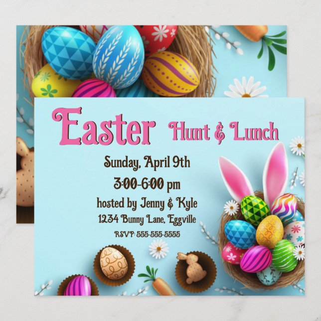 Invitation Elégant nid d'oeufs de Pâques et oreilles (Devant / Derrière)