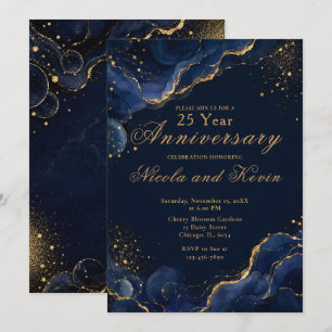 Invitation Élégant Noces d'Argent à l'Encre d'Alcool Or et Bl