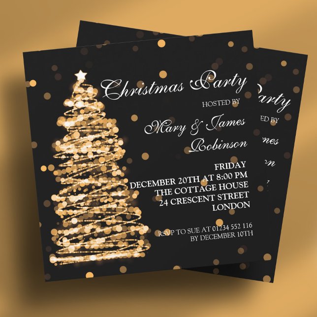 Invitation Élégant Noël Bokeh Tree Party Gold Black (Elegant Christmas Bokeh Tree Party Gold Black Invitation)