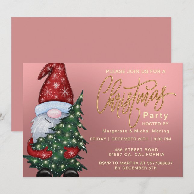 Invitation Élégant Noël Bokeh Tree Party Gold rose (Devant / Derrière)