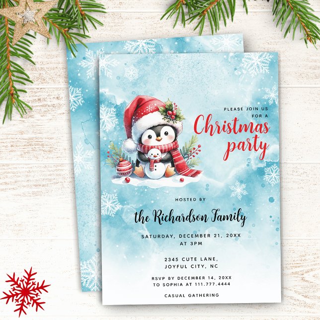 Invitation Élégant Noël de pingouin bleu et rouge (Créateur téléchargé)