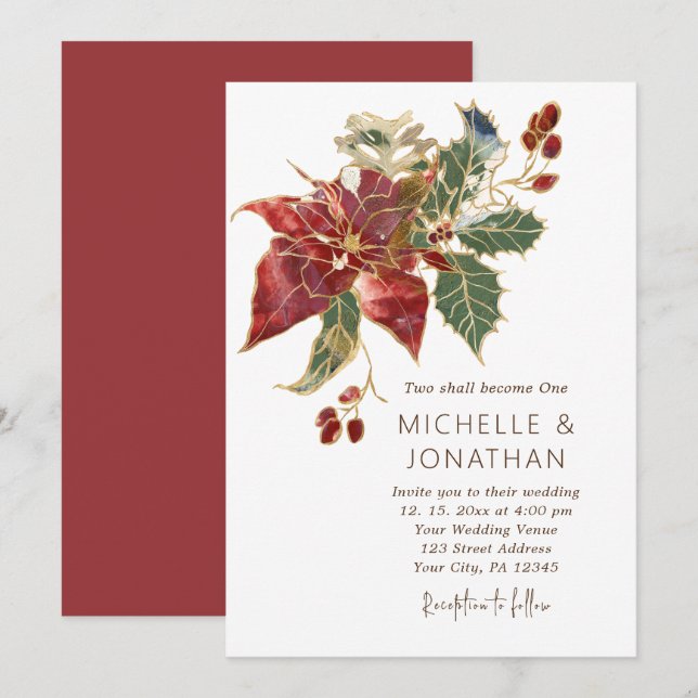 Invitation Élégant Noël Rouge Poinsettia Mariage chrétien (Devant / Derrière)