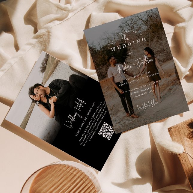 Invitation Élégant noir 2 photo Script QR Code Mariage (Créateur téléchargé)